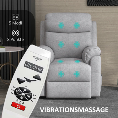 Реклайнер для телевізора HOMCOM Recliner Electric з допоміжним засобом стоячи, 5 режимів масажу, функція відкидання, масажне крісло з підніжкою, білизняний вигляд, бічна кишеня та пульт дистанційного керування, для вітальні, сірий