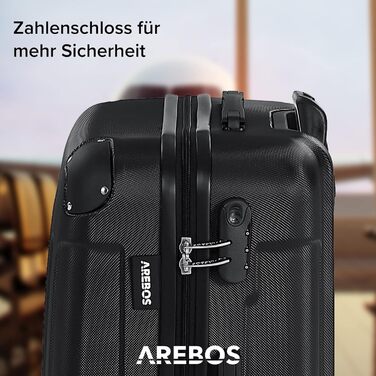 Набір валіз Arebos 4 шт. з ABS-пластику, жорсткий корпус, телескопічна ручка, кодовий замок, 360° колеса, розміри S-M-L-XL, чорний