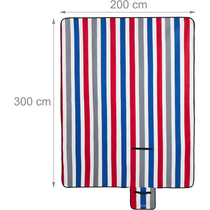 Пікнік-ковдра Relaxdays XXL 200x300 см, водонепроникна, з ручкою, флісова смугаста для пляжу, різнокольорова
