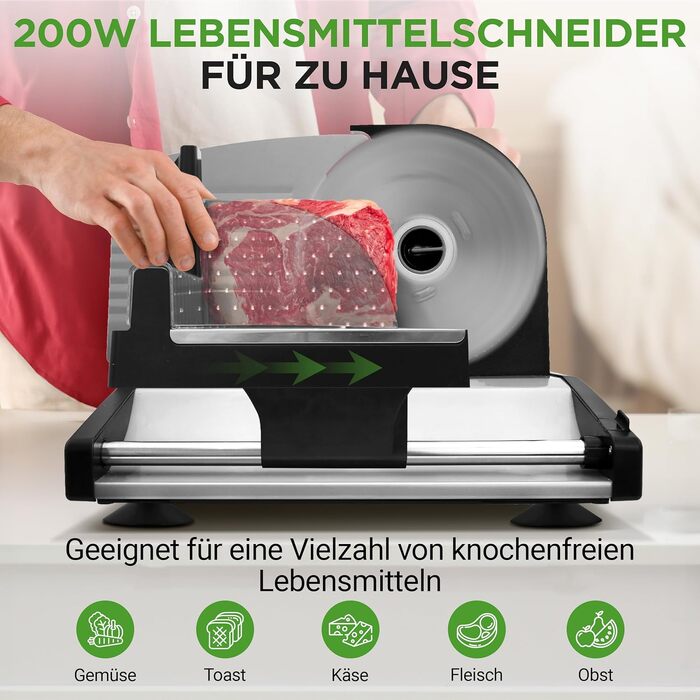 Електричний універсальний слайсер NutriChef 200W для хліба, м'яса, сиру та овочів, товщина нарізки 0–15 мм, ніж з нержавіючої сталі 19 см