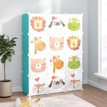Дитяча шафа модульна vidaXL з 12 кубиками, зелена, PP, 110x36,5x143,5 см, органайзер для іграшок та одягу зі сталевим каркасом