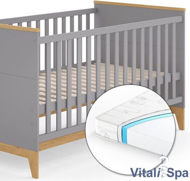Дитяче ліжечко VitaliSpa Malia 70x140 см, сіре/дуб, з матрацом
