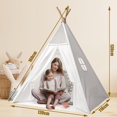 Дитячий намет-типі Kindertipi Dacron 120x120x160 см з вікном, для дому, білий. Стабільний намет-типі для дітей з 4 дерев'яними опорами