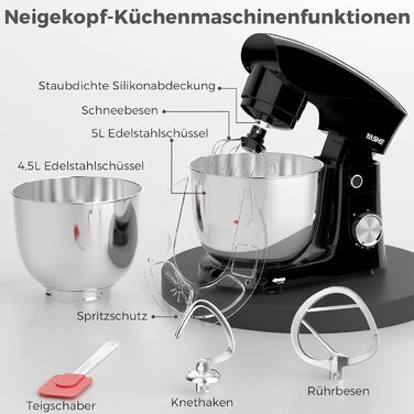Кухонна машина YASHE 1500W з 2 чашами (4,5L та 5L), 10 швидкостей, нахилений корпус, з гаком для тіста, вінчиком та набором насадок, мультифункціональна