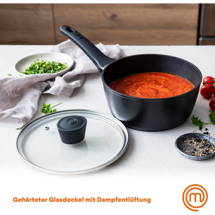 Каструля MasterChef з антипригарним покриттям та скляною кришкою, 20 см, алюмінієва, індукційна, універсальна для всіх типів плит, чорна, для супу та макаронів, колекція Aluminum Essentials
