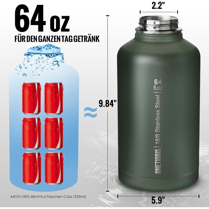 Термос-фляга OneTigris Edelstahl 1.9л (64oz) з чохлом, спортивна фляга для води, 3 кришки для велосипеда, кемпінгу, йоги, спортзалу, полювання, риболовлі - Оливково-зелений