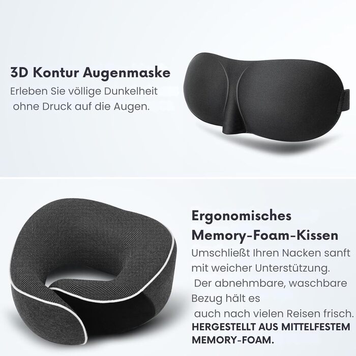 Подушка для шиї ProGlobe, 100% Memory Foam, ортопедична, для подорожей (літак, авто, поїзд), з маскою для сну, сітчаста сумка (темно-сірий)