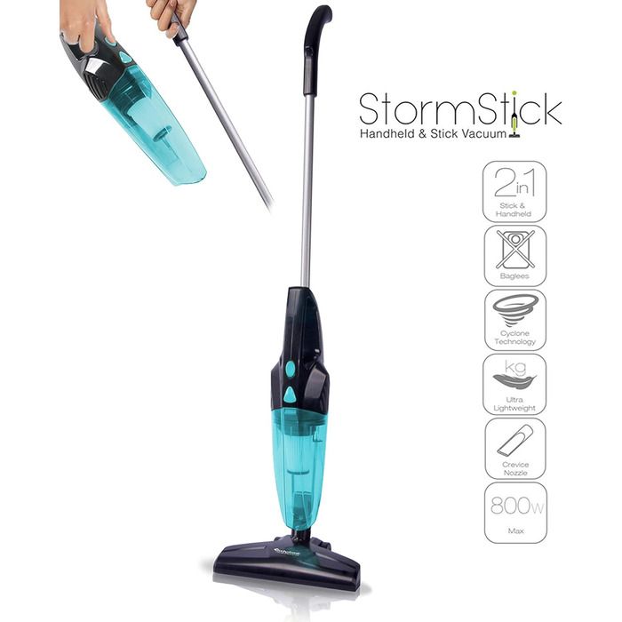 Вертикальний пилосос TurboTronic StormStick 800 Вт, ручний і підлоговий, циклонна технологія, MIF фільтр, кабель 5 м, 19 кПа, зелено-чорний