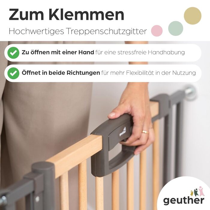Захисний бар'єр на двері Geuther Easylock Plus для сходів 80,5-88,5 см. Дерев'яно-металевий бар'єр для дітей без свердління, двосторонній, колір: натуральний/антрацит