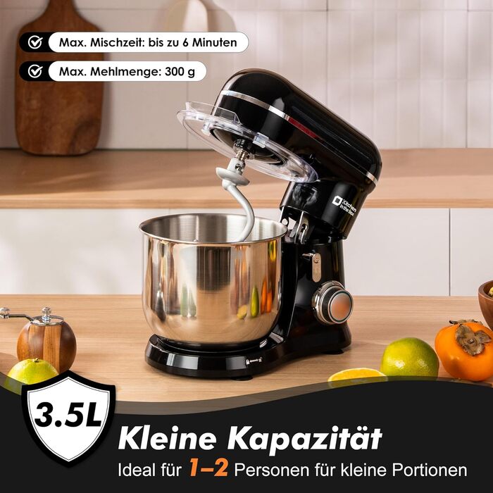 Кухонний комбайн Kitchen in the box Kompakte — планетарний міксер та тістоміс 3.5 л, 10 швидкостей, з насадками (гак, вінчик, міксер), чорний