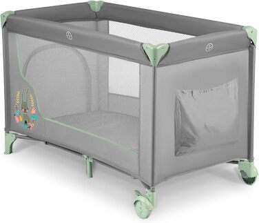 Дитяче ліжечко-манеж Ricokids, складне, з матрацом, 125x65x78 см, 15 кг, дві колеса з гальмами, знімний бічний вхід, сумка, світло-сірий та м'ятний колір