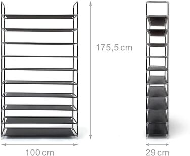 Стелаж для взуття Relaxdays, тканинний, 10 ярусів, 175,5x100x29 см, на 50 пар, чорний, модульна система