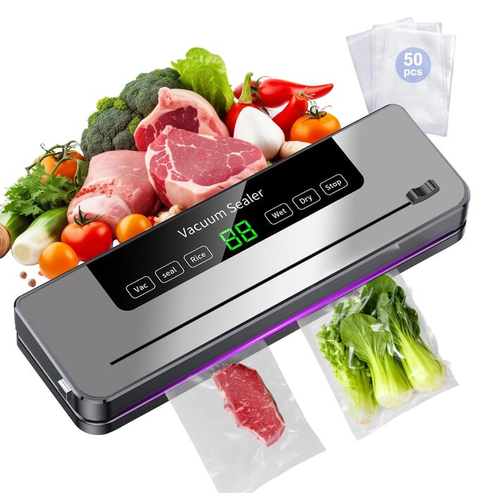 Вакуумний пакувальник 5-в-1 з 50 пакетами для зберігання продуктів: овочів, фруктів, м'яса, хліба