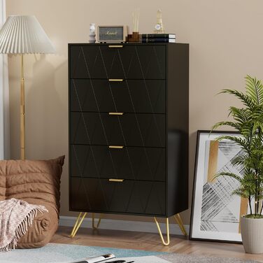 Комод UEV з 5 висувними ящиками, 60x34x110 см, сучасний чорний шафа для зберігання, тумба у вітальню, спальню чи коридор