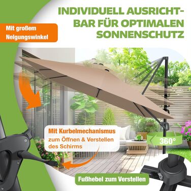 Парасолька від сонця KESSER Sun XL 300x300 см, підвісна модель з поворотом 360°, регулюванням нахилу та захистом від вітру, UV50+, колір тауп
