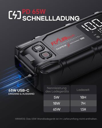 Powerbank Flylinktech 8000A для авто: стрибок старту, 26800mAh, PD65W, 8000A, для бензинових та дизельних двигунів (до 12.0L)