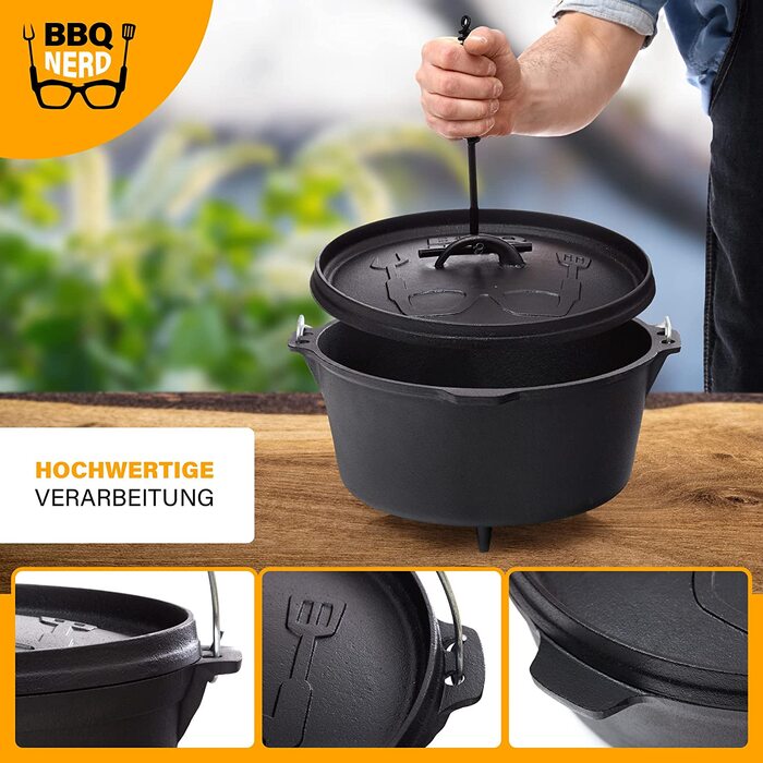 Голландська піч BBQ-Nerd 'Starter' 3.1L з ніжками - готова до використання, попередньо оброблена - чавунний котелок, жаровня з кришкою та підйомником кришки - вогнестійкий котелок для гриля та кемпінгу, котелок для гриля 'Starter' з ніжками 3.1 літр