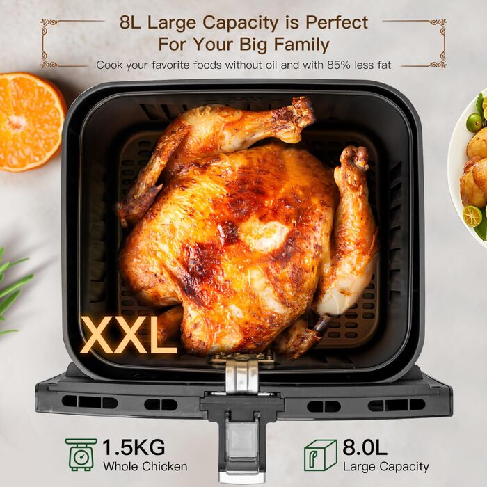 Aigostar аерофритюрниця 8 л XXL з віконцем, 1700 Вт, 12 програм, подвійний кошик, сенсорний дисплей, BPA-free, срібляста