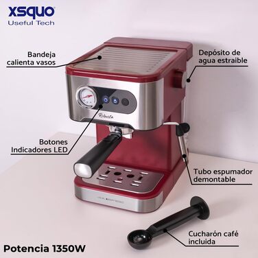 Кавомашина еспресо XSQUO Useful Tech для кави та капучино, 1350 Вт, 20 бар, паровий капучинатор, термоблок, Robustа