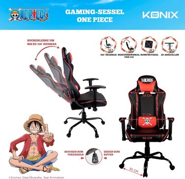 Ігрове крісло Konix One Piece, PU-шкіра, 150° нахил, регульовані підголівник і подушка для попереку, чорний з червоним