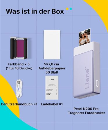 Портативний міні-фотопринтер Liene Pearl N200 Pro з підключенням Bluetooth, сублімаційна технологія, 300 dpi, для iPhone та Android, вбудований акумулятор, комплект з 50 фото (5x7,6 см) та 5 фарбовими стрічками (Lila)