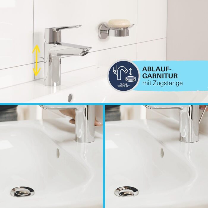 Змішувач для ванної кімнати GROHE Start, економічний, холодна вода в середній позиції, з поп-ап переливом, хром, 17 см