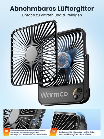 Вентилятор акумуляторний Warmco 10000mAh 21 см, до 24 год, чорний - для офісу, подорожей, спальні
