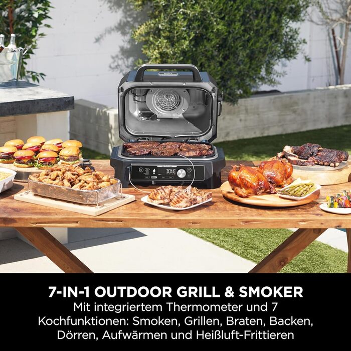 Електричний BBQ смокер-гриль Ninja Woodfire Pro Connect XL з керуванням через додаток, цифровим термощупом, 7-в-1, аерофритюрницею, для вулиці, чорний, OG901EU, з деревними пелетами, захист від негоди