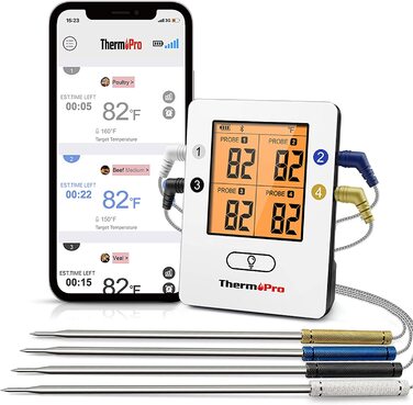 Bluetooth термометр для м'яса ThermoPro з 4 щупами, цифровий термощуп для гриля, коптильні, BBQ, стейків, з радіусом дії до 150 м, сумісний з iOS та Android