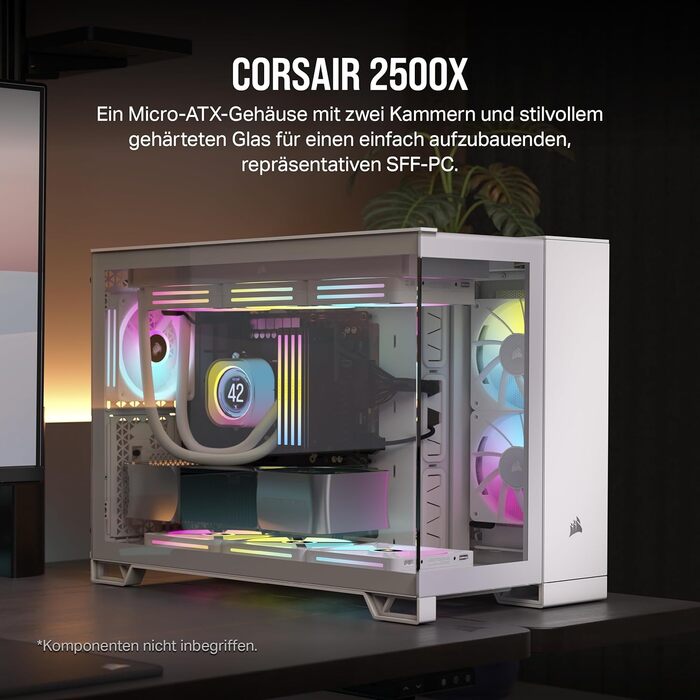 Корпус для ПК CORSAIR 2500X mATX, скло, білий, подвійна камера, сумісний з реверсивним підключенням материнської плати, без вентиляторів