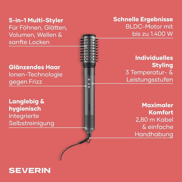 Мультистайлер для волосся 5-в-1 Severin S-Style WL 0684: іонізуючий фен, щітки для укладки з Airflow технологією, 1500 Вт, антрацит