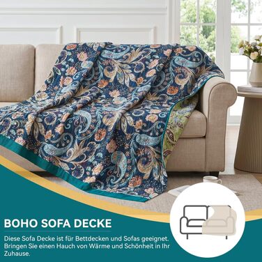 Преміум плед Bailix Boho з 100% бавовни, двостороння муслінова ковдра 200x230 см для дивана та ліжка, декоративна patchwork ковдра в стилі бохо, колір Indigo-traum