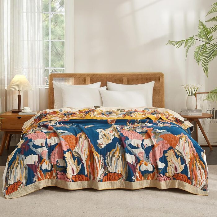 Богемна ковдра Boho Decke 100% бавовна – двостороння муслінова ковдра 150x200 см, м'яка ковдра для дивана та покривало для ліжка, естетичний дизайн, ідеально для вітальні та спальні, помаранчевий/зелений 150 x 200 см, Sommertanz