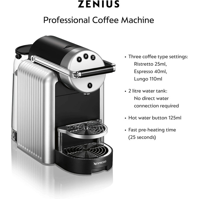 Кавомашина Nespresso Zenius для офісу з 50 капсулами, професійна, срібляста