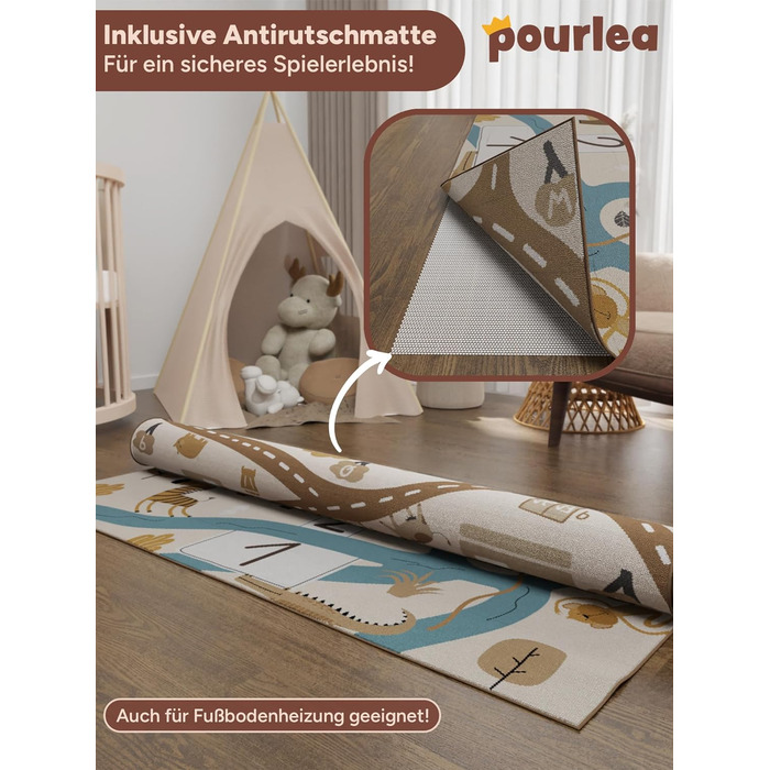 Дитячий килим pourlea 120x160 см, двосторонній, ОекоТекс, бежевий, ігровий сафарі та автодороги, для хлопчиків і дівчаток