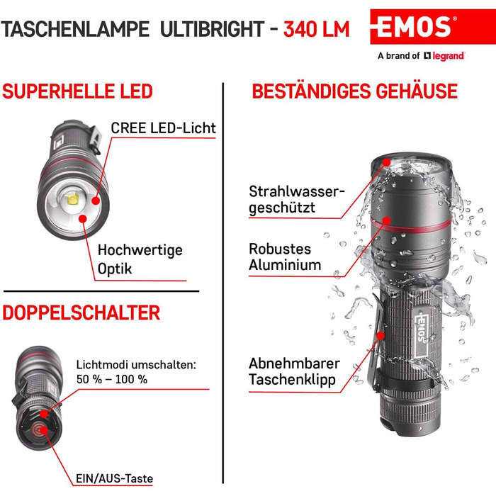 Ліхтарик EMOS Ultibright 70 CREE LED металевий, з фокусуванням, 2 режими світла, ударостійкий, водонепроникний IP65, 340 лм, до 200 м, із кліпсою та ручкою, для дому й вулиці, сірий