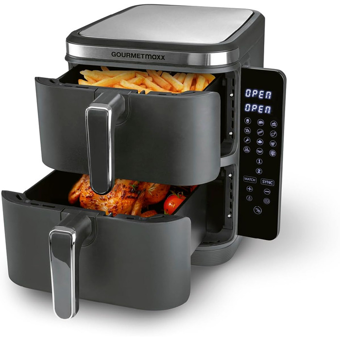 Фритюрниця повітряна GOURMETmaxx з 2 камерами, 10 л, сіра | 2x 5 л | з сенсорним дисплеєм