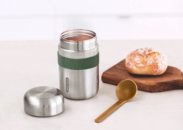 Термос для їжі BLACK+BLUM 400 мл, оливковий, вакуумний, з ложкою з деревних волокон, нержавіюча сталь, зберігає тепло 6 годин, холод 8 годин, герметичний