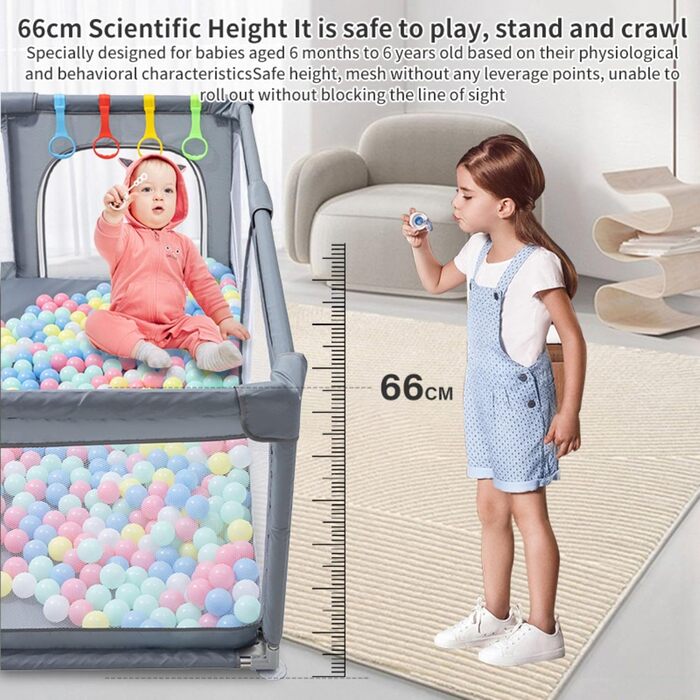 Дитячий манеж GLOKID 150 x 180 см з м'якими захисними елементами та сіткою, з м'ячиками та кільцями для малюків
