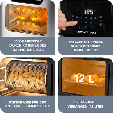 Електрична аерофритюрниця GOURMETmaxx 12 л, нержавіюча сталь, XXL, 1800 Вт, з таймером, сенсорним дисплеєм, 10 програм, для здорового приготування, чорна