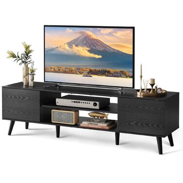 Тумба під телевізор WLIVE Schwarz 160x40x47 см, чорна, з 2 дверцятами та 2 відкритими полицями для вітальні, спальні, їдальні