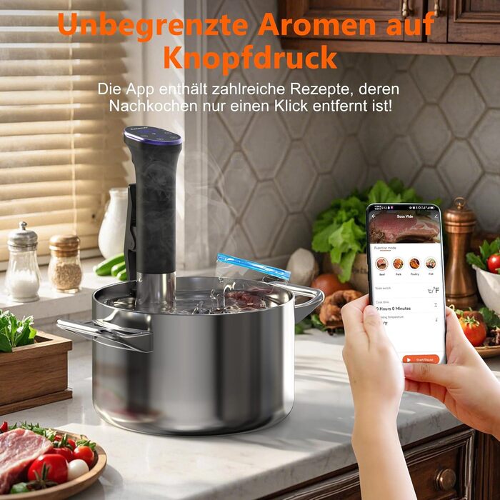 Sous Vide занурювальний кухонний термостат Karienvir 1400W з LCD-дисплеєм, Wi-Fi, IPX7, таймером, фіолетовий