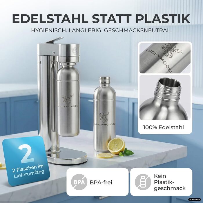 Сифон для газування води Luckymoose Infinity-S з нержавіючої сталі, сріблястий, з 2 пляшками по 1,25 л та гігієнічним знімним соплом