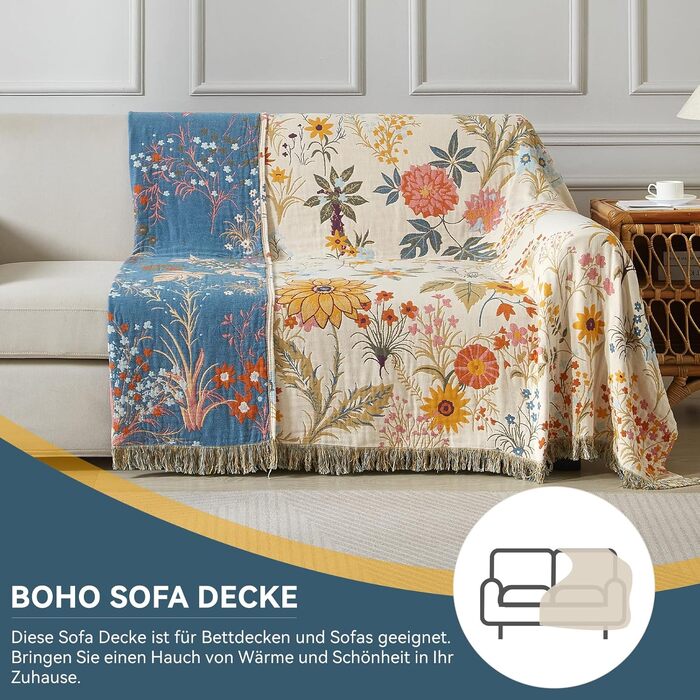 Покривало Bailix Premium Boho з 100% бавовни, двостороння муслінова ковдра з бахромою 150x200 см, декоративний плед для дивана та ліжка, синій/бежевий, принт Blumengarten