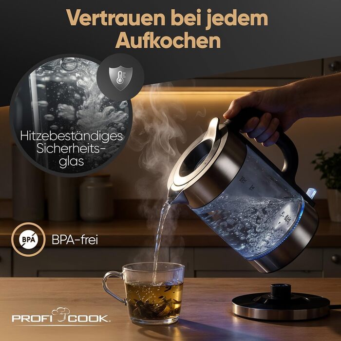 Скляний електрочайник ProfiCook PC WKS 1322, 1.7л, 2200Вт, з підсвіткою та корпусом із темної нержавіючої сталі Dark-inox