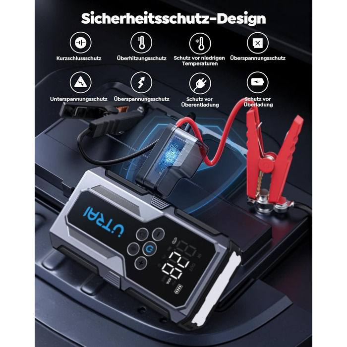 Пусковий пристрій UTRAI Jump Starter 4500A 15000mAh з компресором для авто, бустер для двигунів до 8.5L бензин / 6.5L дизель, швидка зарядка 18W та ліхтариком
