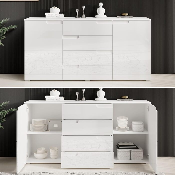 Комод Stella Trading SPICE у білому глянці, сучасний, 165x80x40 см, з великим місцем для зберігання для вітальні