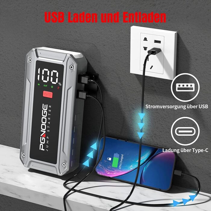 Бустер автомобільного акумулятора Starthilfe Powerbank 26800mAh 6000A з LED-ліхтарем та дисплеєм для авто, SUV, мотоциклів та газонокосарок (silver)