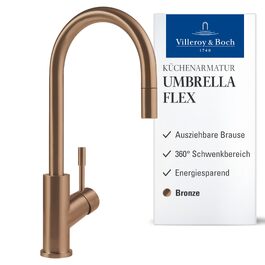 Змішувач кухонний Villeroy & Boch Umbrella Flex з висувним душем, бронзовий, високий вилив 220 мм