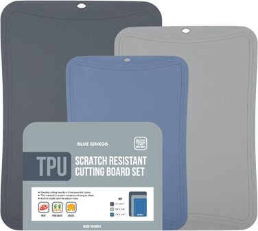 Набір кухонних обробних дощок BLUE GINKGO з TPU (3 шт.) – гнучкі, стійкі до подряпин, тонкі, темно-сірий, світло-сірий, синій, вироблено в Кореї